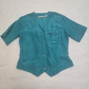 Vintage 90s Top Casual Corner Silk Shirt Womens Size 8 Teal Crop Button Up